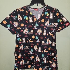 Thanksgiving Holiday Scrub Top featuring Cute Thankful Animals